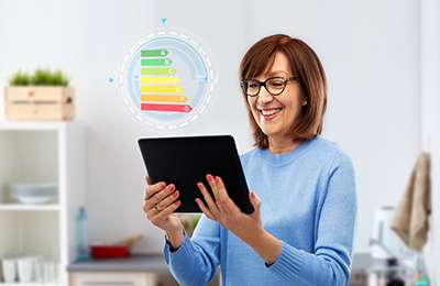 senior woman using tablet pc with energy chart