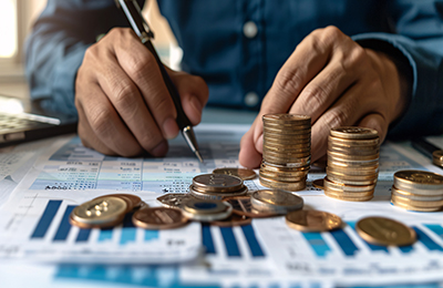 bussines man writing pen stack coin paper analys,financial educa